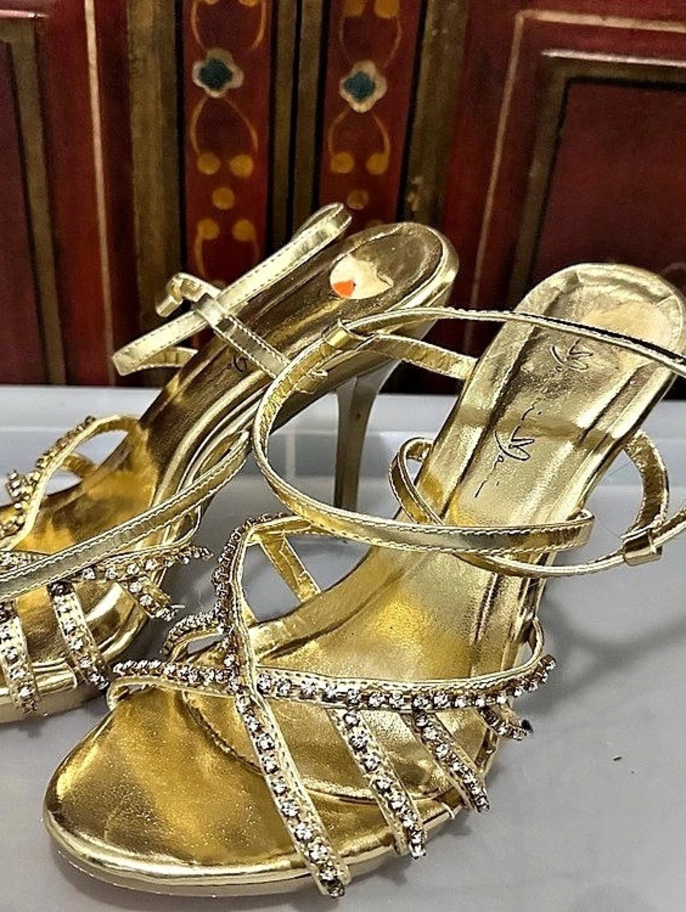 Nicole Miller Gold Rhinestone Strappy Heels